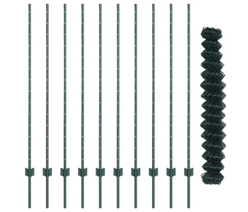Ķēdes Žogs Ar 10 U Stabiem Zaļā 1.4X10 M Tērauda Vidaxl