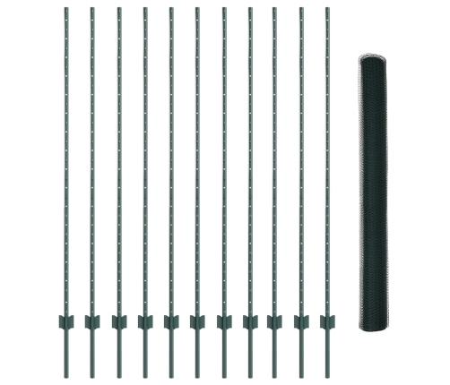 Vidaxl Žogu Stabi 11 Gab. U-Kanāls Zaļš 160 Cm Tērauds,  Sešstūra Žogs Zaļš 1.6X25 M Tērauds Vidaxl