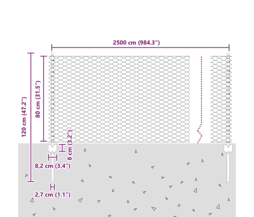 Vidaxl Žoga Balsti 11 Gabali U Formas 80 Cm Cinkots Tērauds,  Sešstūra Žogs 0,8X25 M Cinkots Tērauds Vidaxl