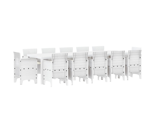 Vidaxl 13 Daļu Dārza Ēdamgalds Ar Spilveniem Balta Polietilēna Rotangpalma, Vidaxl Dārza Galds Balts 150X100X73 Cm Polietilēna Rotangpalma,  Dārza Krēsli Ar Spilveniem 4 Gabali Balta Polietilēna Rotangpalma Vidaxl