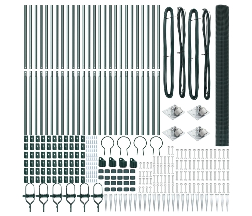 Vidaxl Metinātās Stieples Žogs Ar 13 Strūklakņu Stabiem Zaļš 1.5X50 M Tērauds