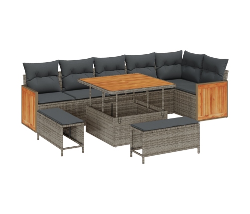 Vidaxl 9 Gabalu Dārza Dīvānu Komplekts Ar Spilveniem Pelēks Poliratanas Akācija,  3 Gabalu Dārza Ēdamgald Komplekts Ar Spilveniem Pelēks Poliratanas Akācija Vidaxl