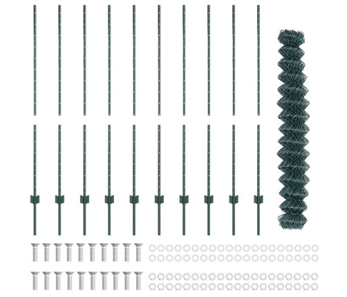 Ķēdes Žogs Ar 10 U Stabiem Zaļā 1.4X10 M Tērauda Vidaxl