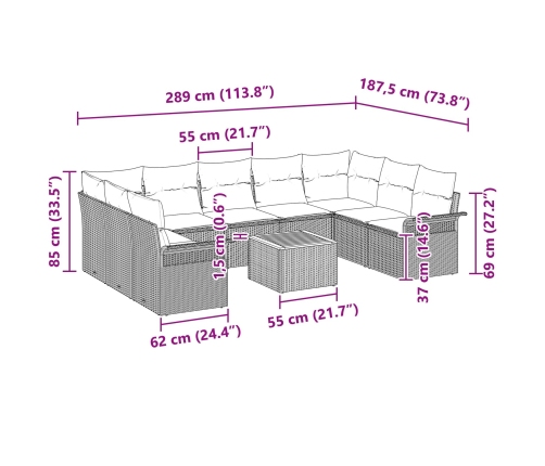 10 Daļu Dārza Dīvānu Komplekts Ar Spilveniem Bēšā Poli Rattan Akācijas Vidaxl