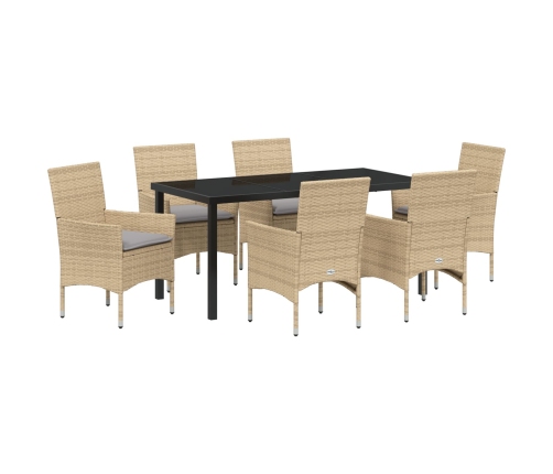 Vidaxl 7 Daļu Dārza Ēdamgalds Ar Spilveniem Bēšā Polietilēna Rotangpalma,  Dārza Galds Melnā Krāsā 160X80X73 Cm Ar Temperatūru Izturīgu Stiklu Vidaxl