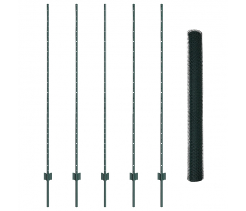 Vidaxl Žoga Stabi 5 Gab. U-Kanāls Zaļš 150 Cm Tērauds,  Sešstūra Žogs Zaļš 1.5X10 M Tērauds Vidaxl