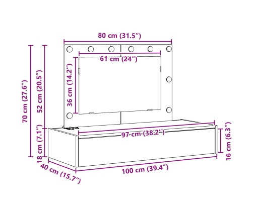 Sienas Piekarejamais Kosmētikas Galdiņš Ar Led Gaismām Vecs Koks Vidaxl