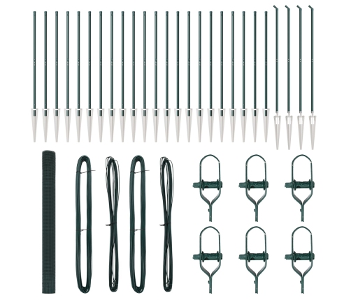 Vidaxl Metinātās Stieples Žogs Ar 13 Strūklakņu Stabiem Zaļš 1.5X50 M Tērauds