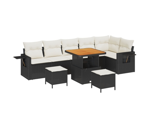 Vidaxl 9 Gabalu Dārza Dīvānu Komplekts Ar Spilveniem, Melns Poli Rotangpalma Akācijas,  3 Gabalu Dārza Ēdamgalds Ar Spilveniem, Melns Poli Rotangpalma Akācijas Vidaxl