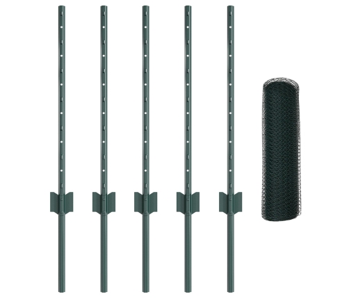 Vidaxl Žoga Stabi 11 Gabali U-Kanāls Zaļš 60 Cm Tērauds,  Sešstūra Žogs Zaļš 0.5X10 M Tērauds Vidaxl