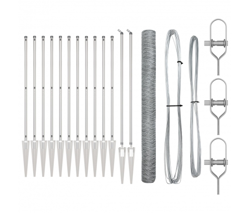 Vidaxl Hexagona Žogs 1.6X25 M Cinkots Tērauds,  Žoga Stabi Ar Tapas 13 Gab Ø32 Mm 180 Cm Cinkots Tērauds Vidaxl