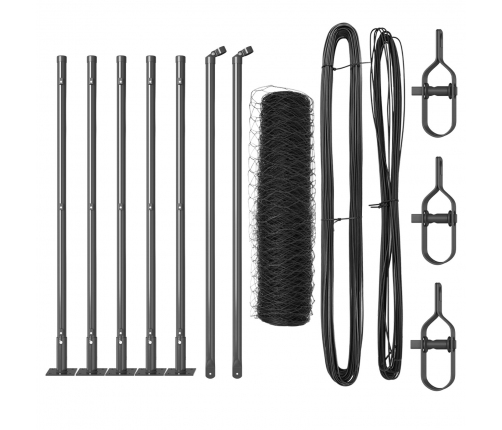 Vidaxl Sešstūra Žogs Pelēks 0.4X10 M Tērauds,  Žoga Stabi Ar Pamatu Plāksnēm 7 Gab. Ø32Mm 50Cm Cinkots Tērauds Vidaxl
