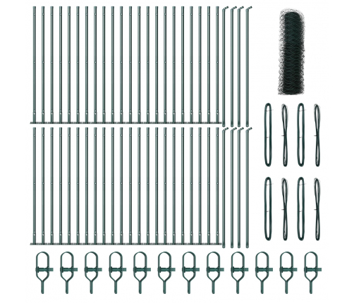 Vidaxl Sešstūra Žogs Zaļš 1X100 M Tērauds,  Žogu Stabi Ar Pamata Plāksnēm 13 Gab Ø32Mm 110Cm Cinkots Tērauds Vidaxl