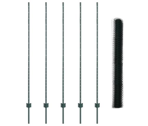 Vidaxl Žogu Stabi 5 Gab. U-Kanāls Zaļš 150 Cm Tērauds,  Sešstūra Žogs Zaļš 1,5X10 M Tērauds Vidaxl