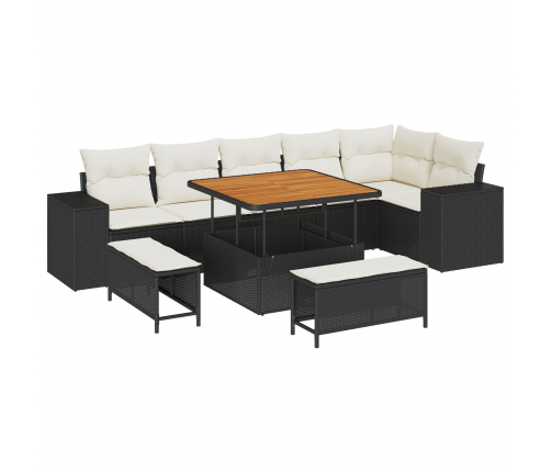 Vidaxl 9 Gabalu Dārza Dīvānu Komplekts Ar Spilveniem Melnā Polietilēna Rotangpalma Akācijā,  3 Gabalu Dārza Ēdamgalds Ar Spilveniem Melnā Polietilēna Rotangpalma Akācijā Vidaxl