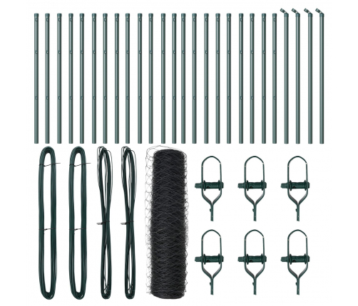 Vidaxl Sešstūrainais Žogs Pelēks 0,8X50 M Tērauds,  Žogu Stabi 13 Gabali Zaļi Ø32 Mm 120 Cm Galvanizēts Tērauds Vidaxl