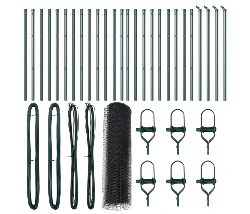 Vidaxl Sešstūra Žogs Pelēks 0.6X50 M Tērauds,  Žoga Stabi 13 Gab. Zaļi Ø32 Mm 100 Cm Cinkots Tērauds Vidaxl