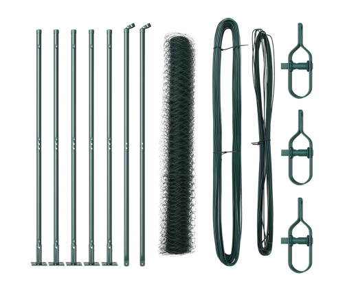 Vidaxl Sešstūru Žogs Zaļš 1X10 M Tērauds,  Žoga Stabi Ar Pamatnes Plāksnēm 7 Gabali Ø32Mm 110Cm Cinkota Tērauda Vidaxl