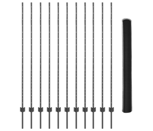 Vidaxl Žoga Stabi 22 Gab U-Kanalizācijā Pelēks 160 Cm Tērauds,  Sešstūra Žogs Pelēks 1.6X25 M Tērauds Vidaxl