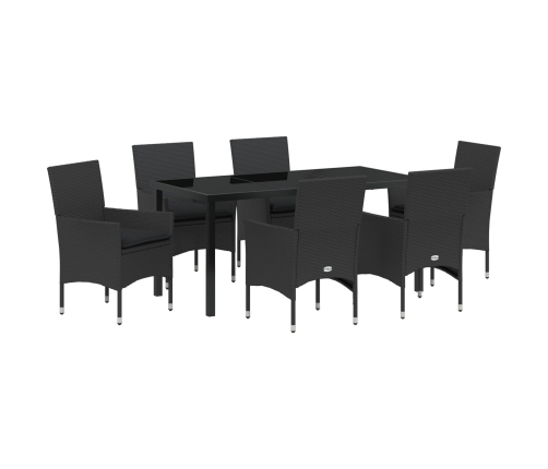 Vidaxl 7 Daļu Dārza Ēdamistabas Komplekts Ar Spilveniem Melna Poli Rotangpalma,  Dārza Galds Melns 160X80X73 Cm Temperēts Stikls Vidaxl