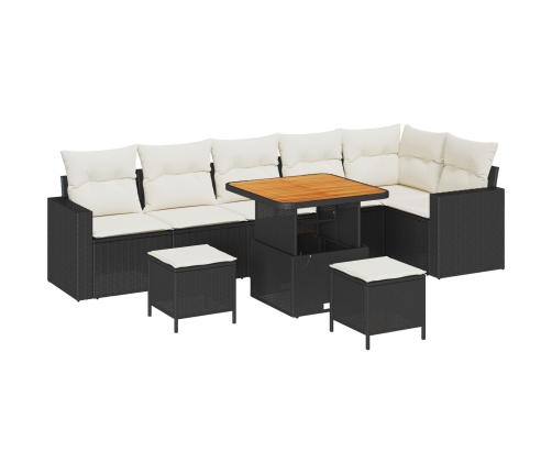 Vidaxl 9 Gabalu Dārza Dīvānu Komplekts Ar Spilveniem Melnā Poli Rotangpalmas Akācijas,  3 Gabalu Dārza Ēdamgalds Ar Spilveniem Melnā Poli Rotangpalmas Akācijas Vidaxl