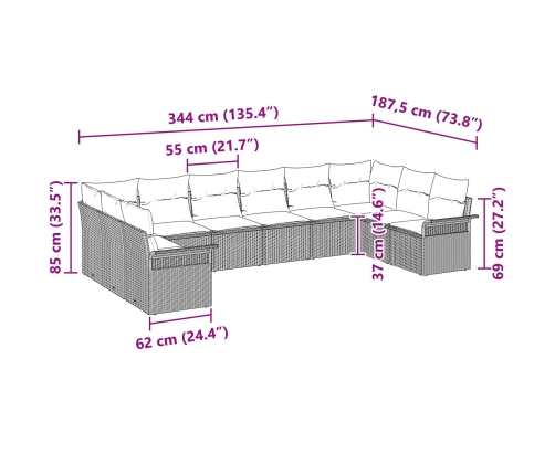 10 Gabalu Dārza Dīvānu Komplekts Ar Spilveniem Brūnā Polietilēna Rotangpalmas Vidaxl