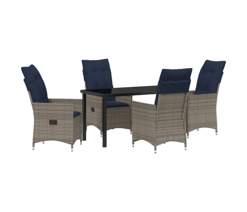 Vidaxl 5 Elementu Dārza Ēdamgalds Ar Spilveniem Pelēkā Poli Rattan,  Dārza Galds Melns 140X80X73 Cm Ar Temperatūras Drošības Stiklu Vidaxl
