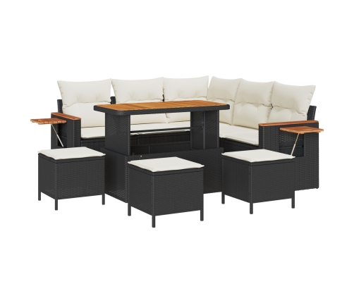 Vidaxl 9 Gabalu Dārza Dīvānu Komplekts Ar Spilveniem Melns Polirattans Akācija,  4 Gabalu Dārza Ēdamgalds Ar Spilveniem Melns Polirattans Akācija Vidaxl