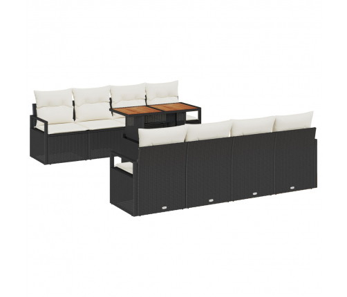 Vidaxl 9 Gabalu Dārza Dīvānu Komplekts Ar Spilveniem, Melna Poli Rotangpalma, Akācija,  2 Sēdvietu Dārza Dīvāns Ar Spilveniem, Melna Poli Rotangpalma Vidaxl