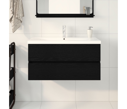 Vidaxl Izlietnes Skapītis Ar Iebūvētu Izlietni No Melnā Ozola Inženierijas Koka, Vidaxl Izlietnes Skapītis Melnā Ozola 90X38,5X45 Cm No Inženierijas Koka