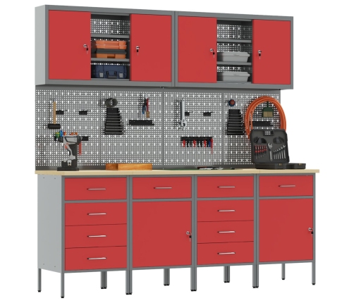10 Daļu Darba Skapīša Un Paneļa Komplekts Sarkans Mdf Un Metāls Vidaxl