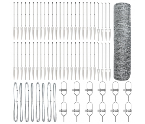 Vidaxl Sešstūra Žogs 0.5X100 M Cinkots Tērauds,  Žoga Stabi Ar Uzgali 13 Gab. Ø32 Mm 80 Cm Cinkots Tērauds Vidaxl
