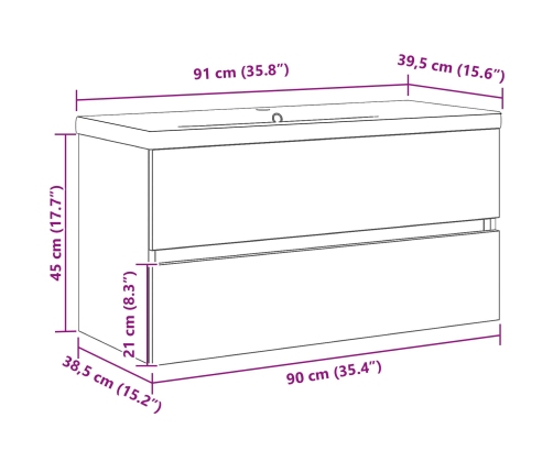 Vidaxl Izlietnes Skapītis Ar Iebūvētu Izlietni No Melnā Ozola Inženierijas Koka, Vidaxl Izlietnes Skapītis Melnā Ozola 90X38,5X45 Cm No Inženierijas Koka