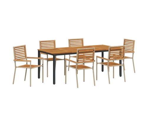 Vidaxl 7 Daļu Dārza Galds Bēšs Polyratans Akācija, Vidaxl Saliekamie Dārza Krēsli Ar Spilveniem - 2 Gabali Bēšs Polyratans,  Dārza Galds 200X90X75 Cm Cieta Akācijas Koka Un Metāla Vidaxl