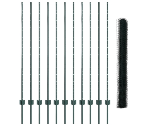 Vidaxl Žoga Posti 11 Gab. U-Veida Kanāls Zaļš 140 Cm Tērauds,  Sešstūra Žogs Zaļš 1.4X25 M Tērauds Vidaxl