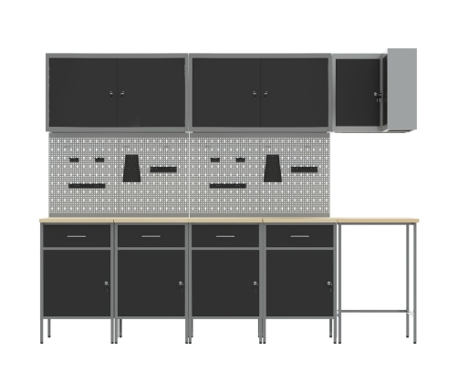 12 Daļu Darba Skapja Un Plauktu Komplekts Melnā Mdf Un Metāla Vidaxl