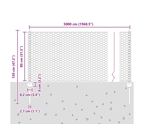 Vidaxl Žogu Stabi 11 Gab U-Kanāls 80 Cm Cinkots Tērauds,  Sešstūra Žogs 0.8X50 M Cinkots Tērauds Vidaxl