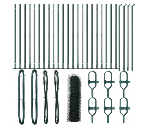 Vidaxl Sešstūru Žogs Zaļš 0.8X50 M Tērauds, Vidaxl Žoga Stabi Ar Pamatplāksnēm 13 Gab. Ø32Mm 90Cm Cinkots Tērauds