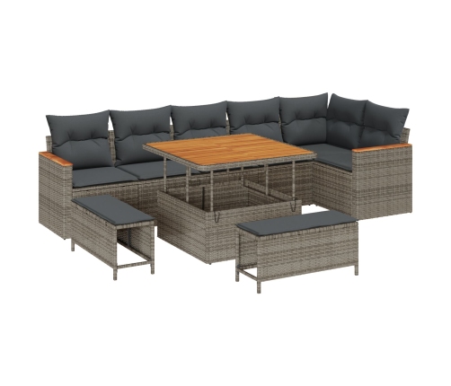Vidaxl 9 Gabalu Dārza Dīvānu Komplekts Ar Spilveniem Pelēks Poli Rotangpalma Akācija,  3 Gabalu Dārza Ēdamgalds Ar Spilveniem Pelēks Poli Rotangpalma Akācija Vidaxl