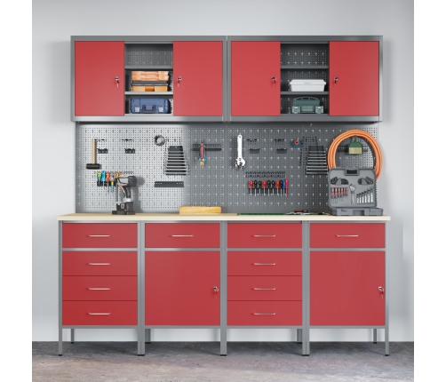 10 Daļu Darba Skapīša Un Paneļa Komplekts Sarkans Mdf Un Metāls Vidaxl