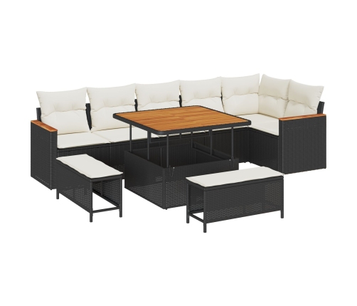 Vidaxl 9 Gabalu Dārza Dīvanu Komplekts Ar Spilveniem Melns Poli Rotangpalma Akācija,  3 Gabalu Dārza Ēdamgalds Ar Spilveniem Melns Poli Rotangpalma Akācija Vidaxl