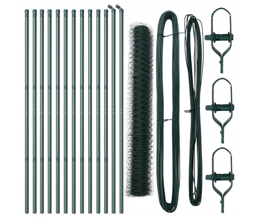 Vidaxl Hexagon Fence Zaļš 1.4X25 M Tērauds,  Žoga Stabi 13 Gab Zaļš Ø32 Mm 190 Cm Cinkots Tērauds Vidaxl