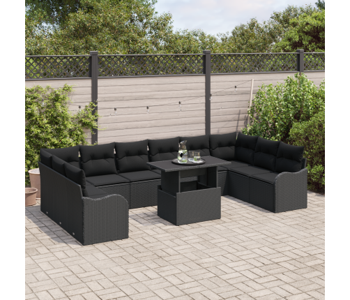 11 Daļu Dārza Dīvānu Komplekts Ar Spilveniem Melns Polietilēna Rotangpalma Vidaxl