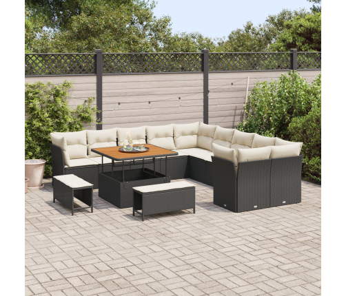 13 Daļīgu Dārza Dīvānu Komplektu Ar Spilveniem Melnā Poli Rotangpalmas Un Akācijas Vidaxl