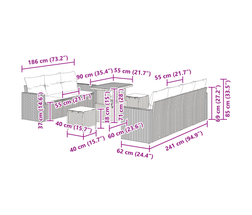 10 Gabalu Dārza Dīvānu Komplekts Ar Spilveniem Bēšā Poli Rotangpalmas Akācijā Vidaxl
