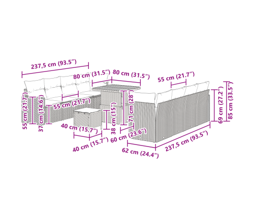 11 Daļu Dārza Dīvānu Komplekts Ar Spilveniem Melnā Polirotangpalmas Akācijas Vidaxl