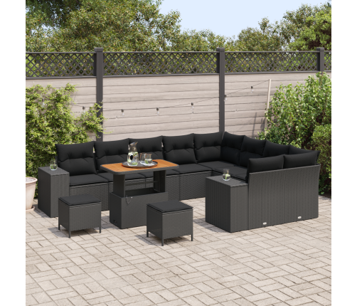 12 Daļu Dārza Dīvānu Komplekts Ar Spilveniem Melns Poli Rattan Akācija Vidaxl