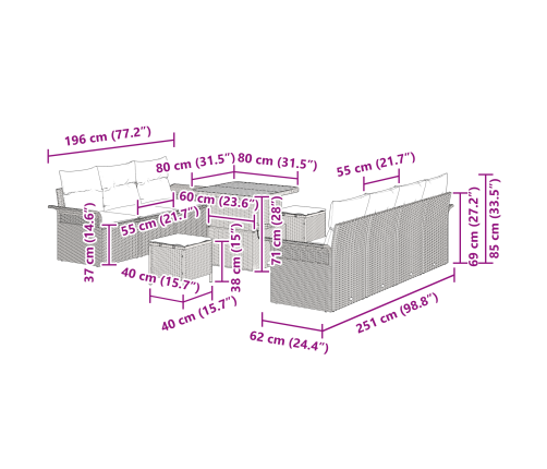 10 Gab. Dārza Dīvānu Komplekts Ar Spilveniem Bēšs Poli Rattan Akācija Vidaxl