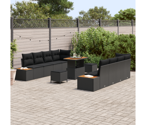 11 Daļu Dārza Dīvānu Komplekts Ar Spilveniem, Melns, Polietilēna Rotangpalma, Akācija Vidaxl