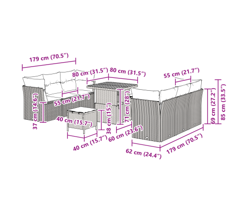9 Gab. Dārza Dīvānu Komplekts Ar Spilveniem Melns Poli Ratan Akācija Vidaxl